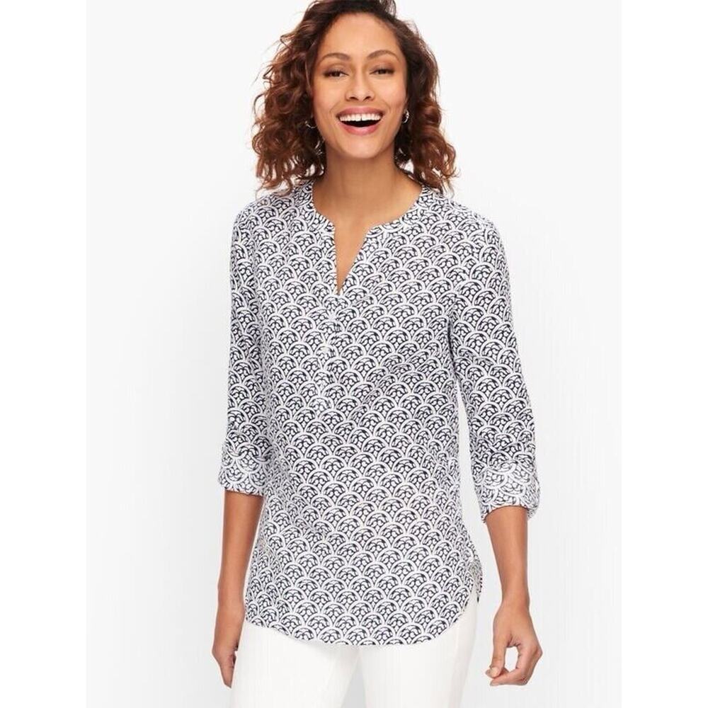 Talbots Linen Camp Popover Top MP Blue White Tile Print Roll-Tab Sleeves Coastal